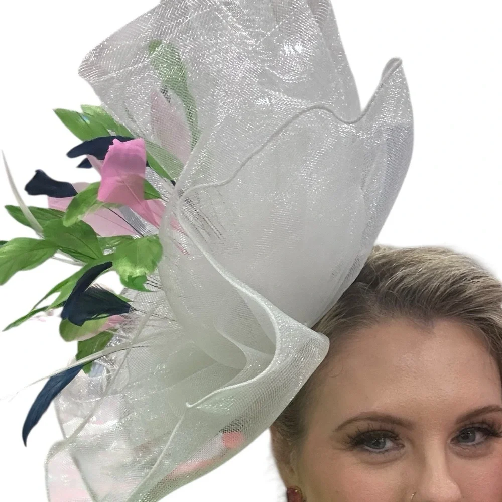 Elegant White Fascinator with Pink and Blue Accents